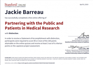 Jackie Stanford Medicine X Course certificate